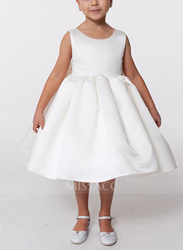 A-Line Scoop Neck Sleeveless Knee-Length Satin Flower Girl Dresses With Bow(s)