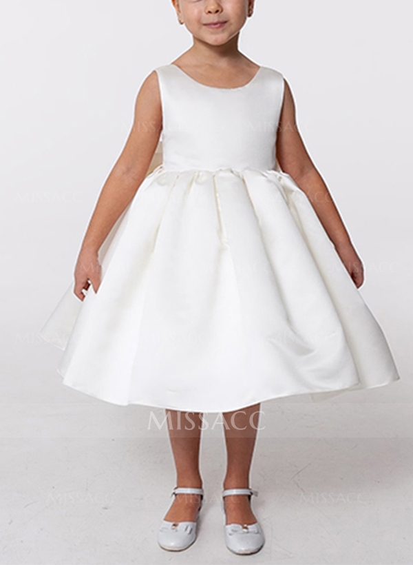 Princess Ball Gown Bow Accented One-Shoulder Satin Flower Girl Dresses