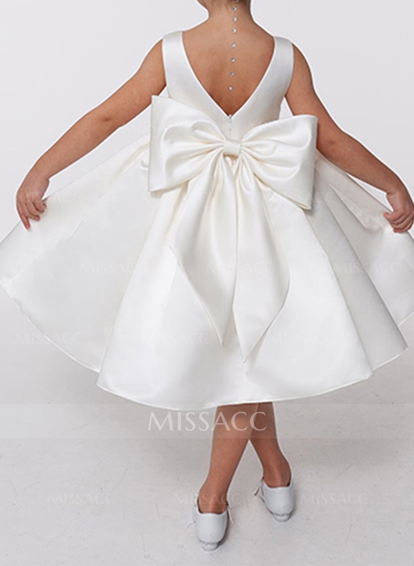 Princess Ball Gown Bow Accented One-Shoulder Satin Flower Girl Dresses