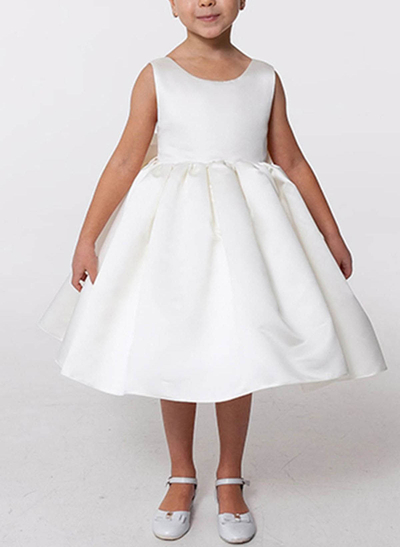 A-Line Scoop Neck Sleeveless Knee-Length Satin Flower Girl Dresses With Bow(s)
