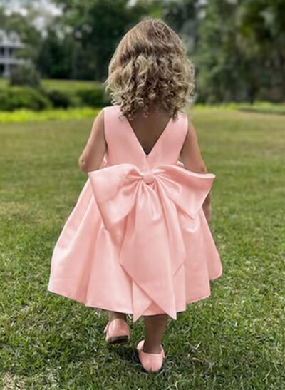 A-Line Scoop Neck Sleeveless Knee-Length Satin Flower Girl Dresses With Bow(s)