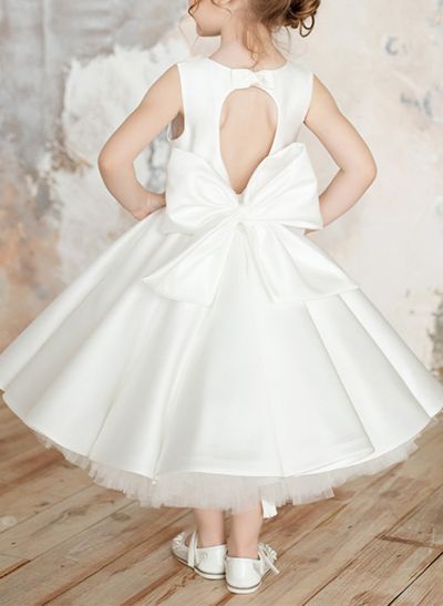 Ball-Gown Scoop Neck Sleeveless Satin Flower Girl Dresses With Bow(s)/Back Hole