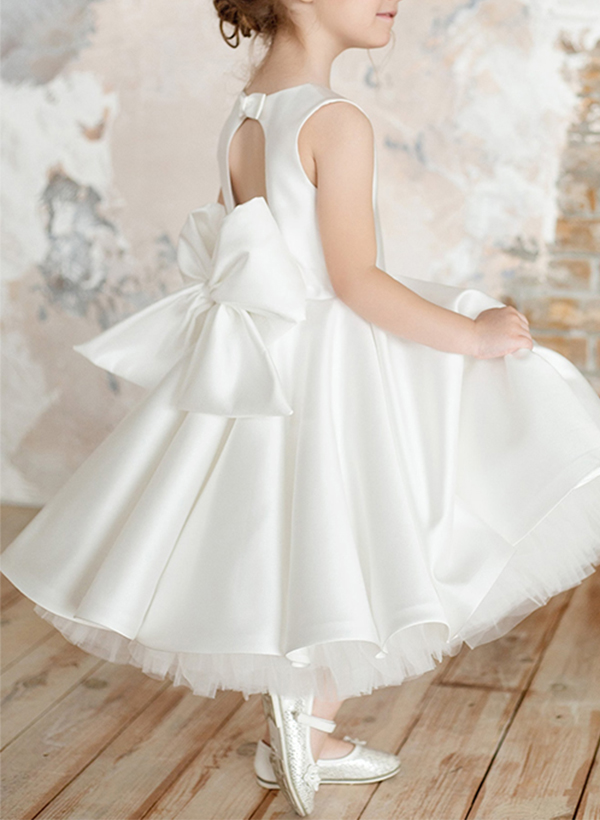 Ball-Gown Scoop Neck Sleeveless Satin Flower Girl Dresses With Bow(s)/Back Hole