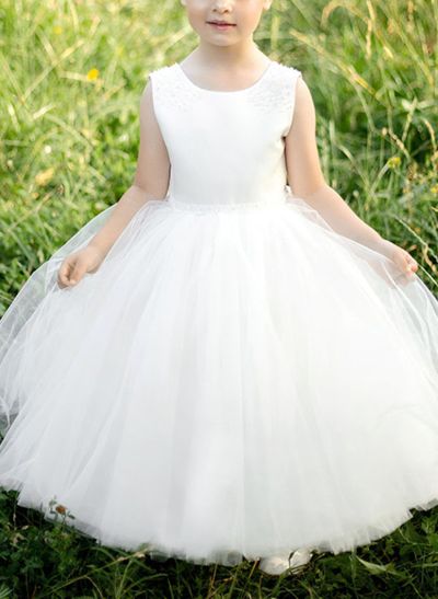 Ball-Gown Scoop Neck Sleeveless Floor-Length Satin/Tulle Flower Girl Dresses With Bow(s)