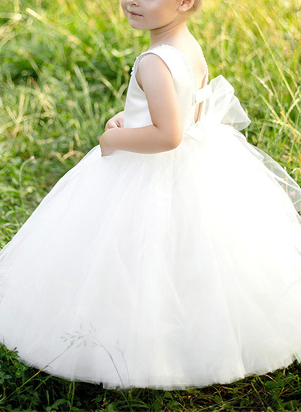 Ball-Gown Scoop Neck Sleeveless Floor-Length Satin/Tulle Flower Girl Dresses With Bow(s)