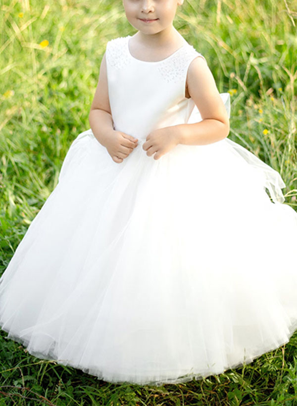 Ball-Gown Scoop Neck Sleeveless Floor-Length Satin/Tulle Flower Girl Dresses With Bow(s)