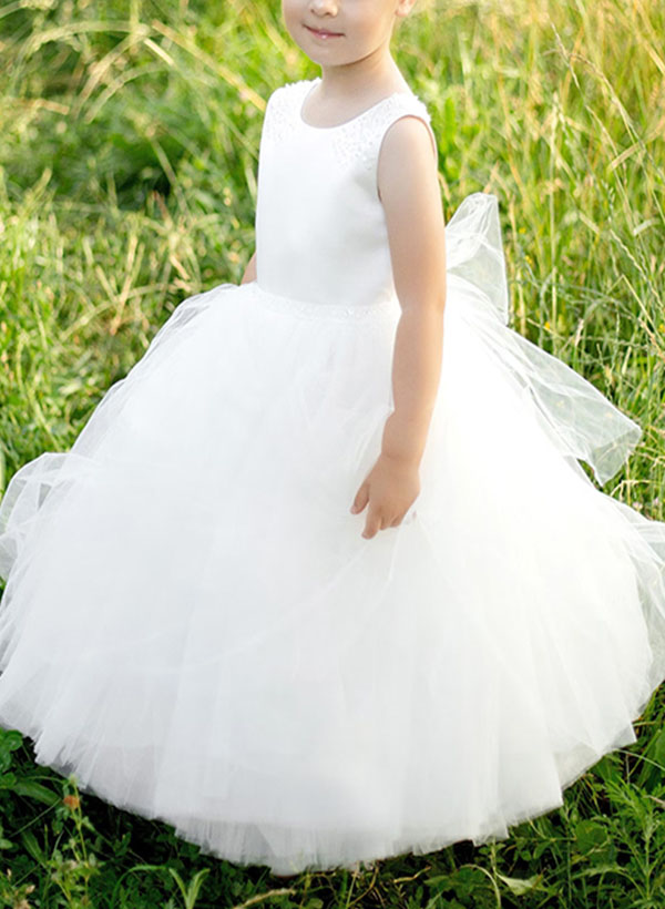 Ball-Gown Scoop Neck Sleeveless Floor-Length Satin/Tulle Flower Girl Dresses With Bow(s)