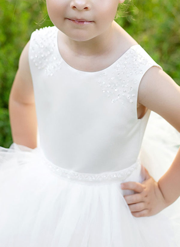 Ball-Gown Scoop Neck Sleeveless Floor-Length Satin/Tulle Flower Girl Dresses With Bow(s)