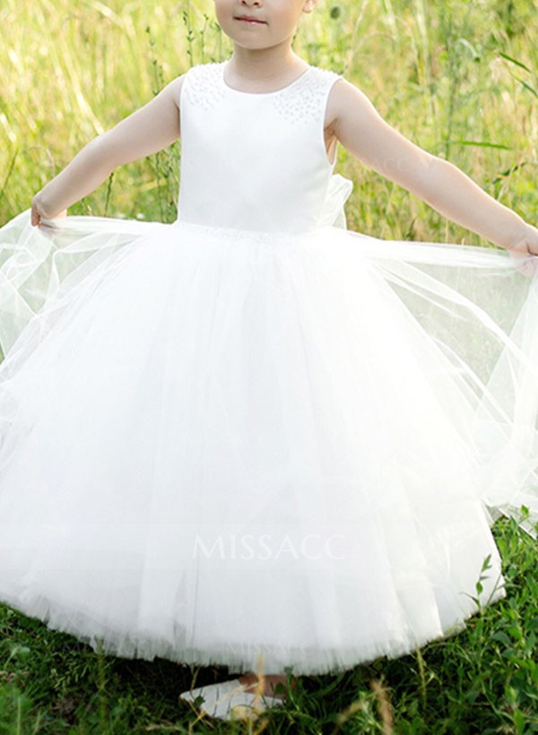 Ball-Gown Scoop Neck Sleeveless Floor-Length Satin/Tulle Flower Girl Dresses With Bow(s)