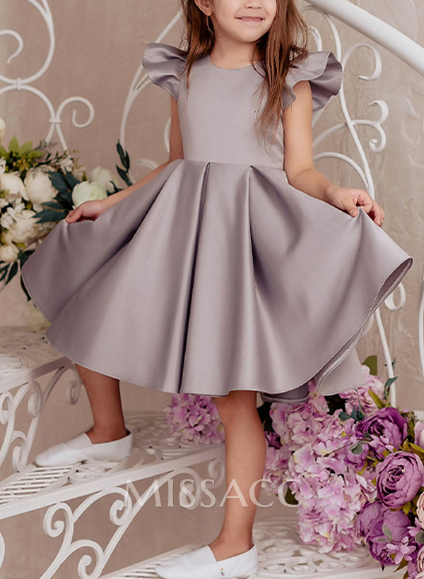 A-Line Scoop Neck Sleeveless Knee-Length Satin Flower Girl Dresses With Bow(s)