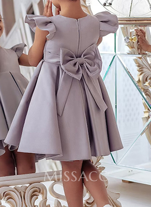 A-Line Scoop Neck Sleeveless Knee-Length Satin Flower Girl Dresses With Bow(s)
