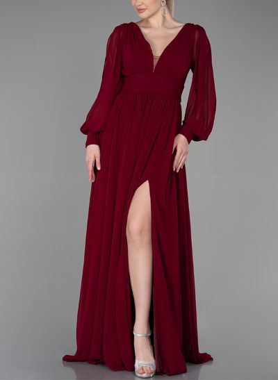 A-Line V-Neck Long Sleeves Chiffon Mother Of The Bride Dresses With Split Front