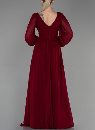 A-Line V-Neck Long Sleeves Chiffon Mother Of The Bride Dresses With Split Front