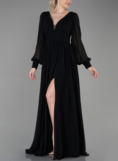 A-Line V-Neck Long Sleeves Chiffon Mother Of The Bride Dresses With Split Front