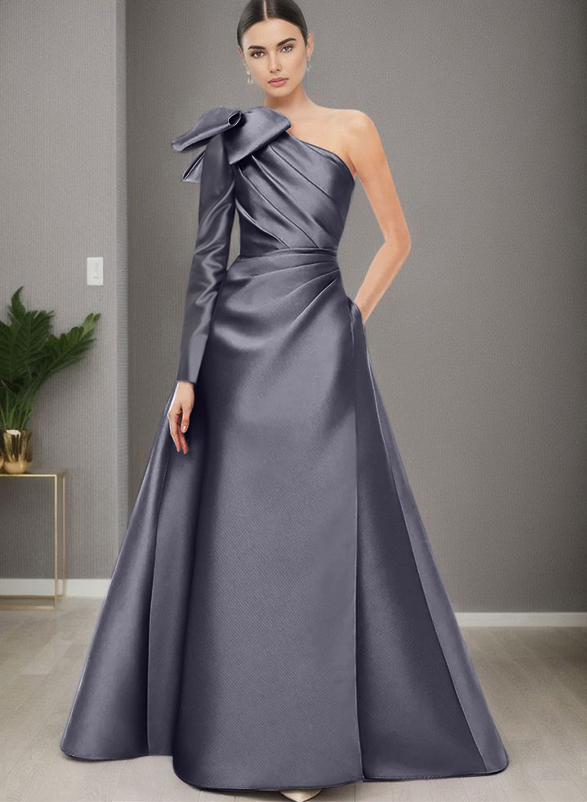A-Line One-Shoulder Long Sleeves Satin Mother Of The Bride Dresses With Pockets
