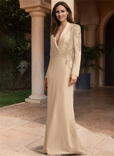 V-Neck Long Sleeves Sweep Train Mother Of The Bride Dresses With Sequins