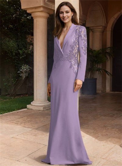 V-Neck Long Sleeves Sweep Train Mother Of The Bride Dresses With Sequins