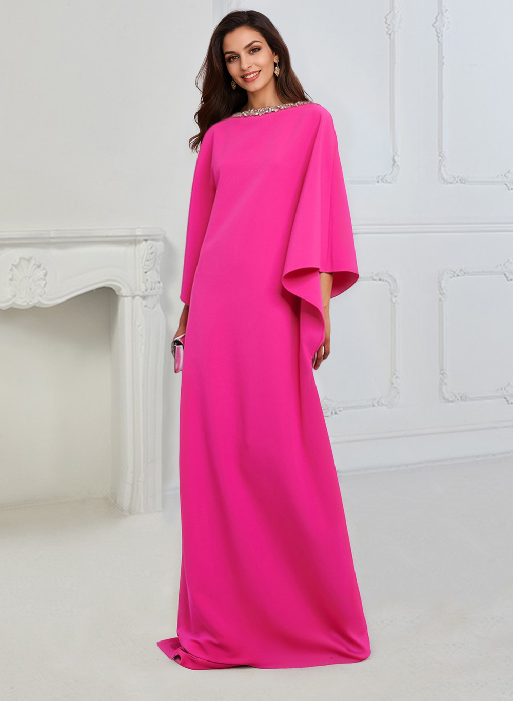 Column Scoop Neck 3/4 Sleeves Elastic Satin Mother Of The Bride Dresses With Rhinestone