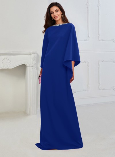 Column Scoop Neck 3/4 Sleeves Elastic Satin Mother Of The Bride Dresses With Rhinestone