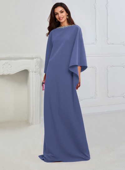 Column Scoop Neck 3/4 Sleeves Elastic Satin Mother Of The Bride Dresses With Rhinestone