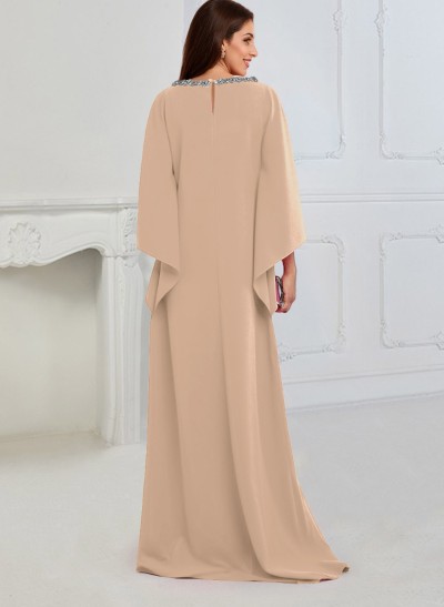 Column Scoop Neck 3/4 Sleeves Elastic Satin Mother Of The Bride Dresses With Rhinestone