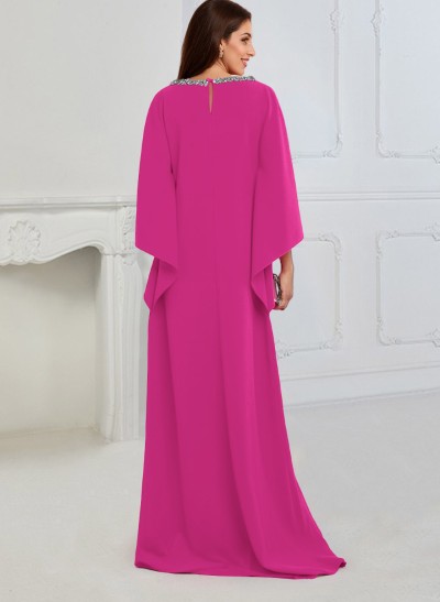 Column Scoop Neck 3/4 Sleeves Elastic Satin Mother Of The Bride Dresses With Rhinestone