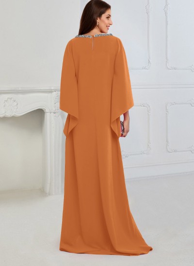 Column Scoop Neck 3/4 Sleeves Elastic Satin Mother Of The Bride Dresses With Rhinestone