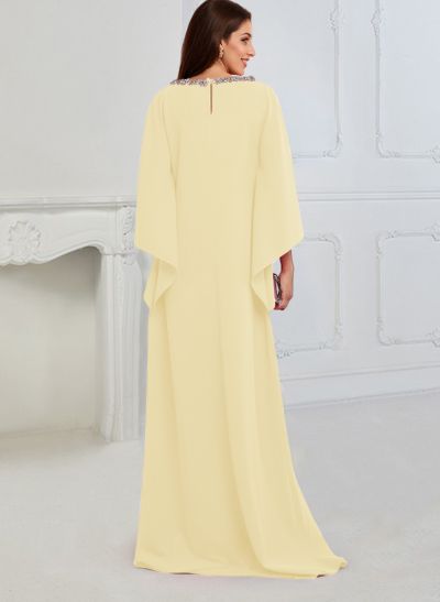 Modest Sparkle Scoop Neck Bell Sleeves Stretch Chiffon Mother Of The Bride Dresses