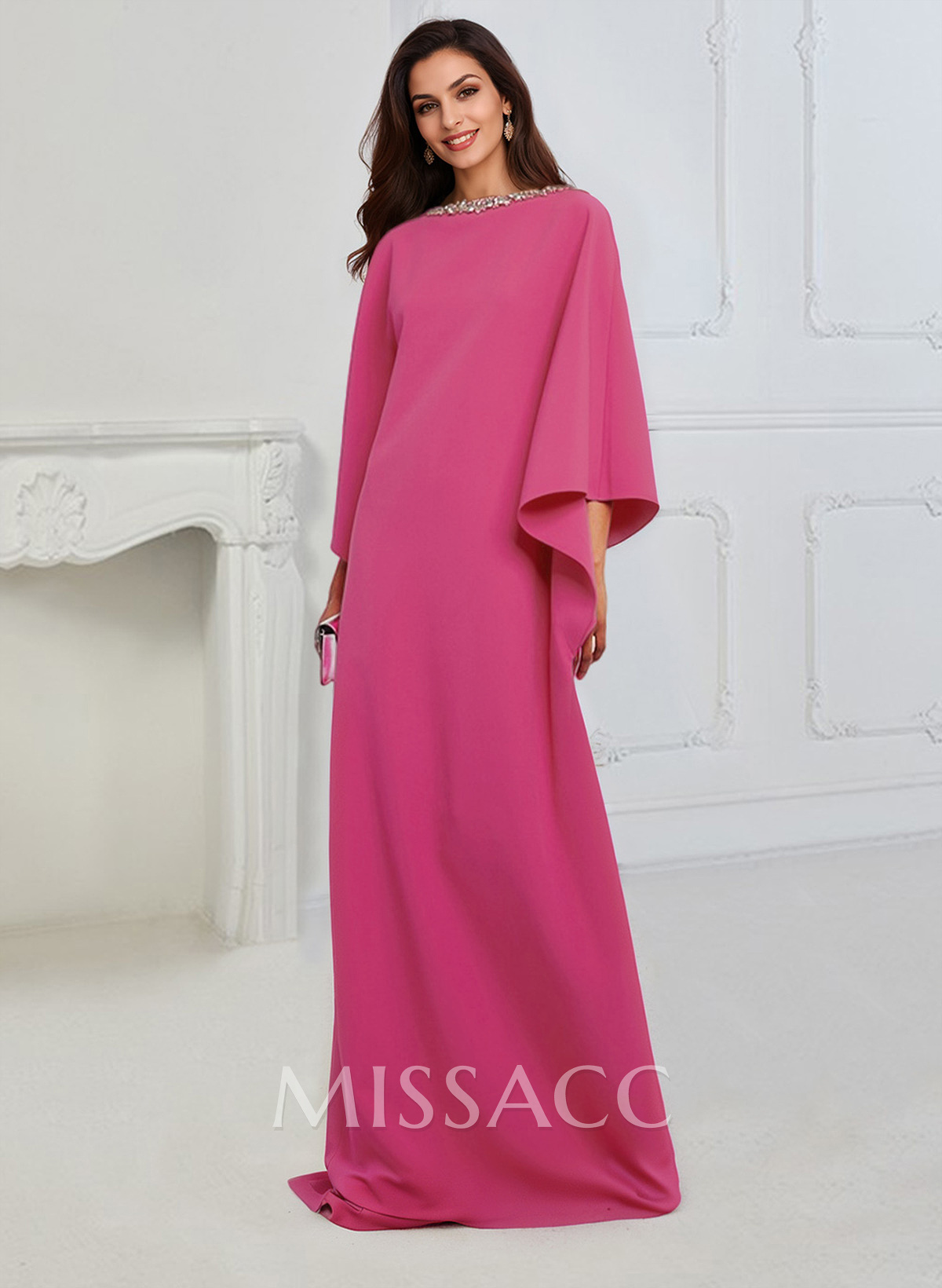 Modest Sparkle Scoop Neck Bell Sleeves Stretch Chiffon Mother Of The Bride Dresses