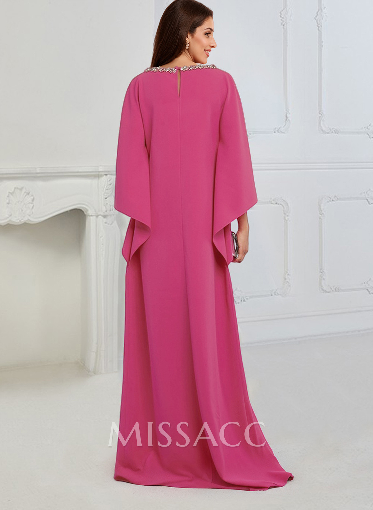 Modest Sparkle Scoop Neck Bell Sleeves Stretch Chiffon Mother Of The Bride Dresses