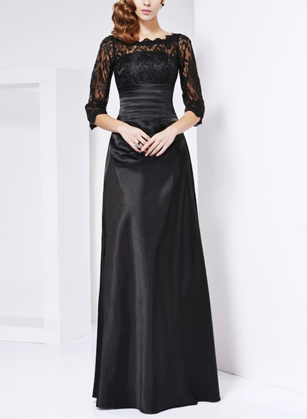 Illusion Neck 3/4 Sleeves Floor-Length Satin Mother Of The Bride Dresses