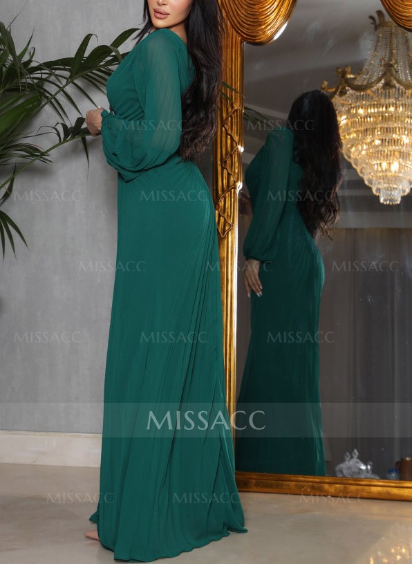 V-Neck Long Sleeves Pleated Mother Of The Bride Dresses With Beading