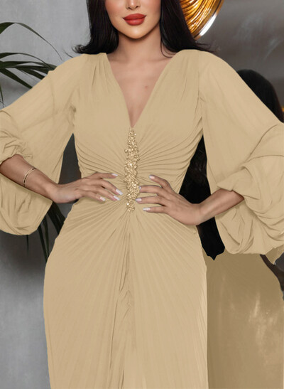 V-Neck Long Sleeves Pleated Mother Of The Bride Dresses With Beading