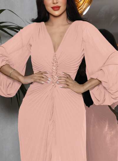 V-Neck Long Sleeves Pleated Mother Of The Bride Dresses With Beading