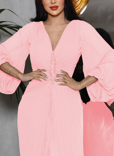 V-Neck Long Sleeves Pleated Mother Of The Bride Dresses With Beading