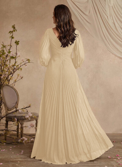 V-Neck Long Sleeves Pleated Mother Of The Bride Dresses With Beading