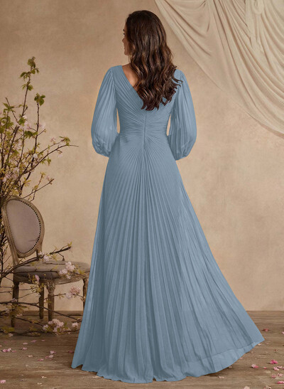 V-Neck Long Sleeves Pleated Mother Of The Bride Dresses With Beading