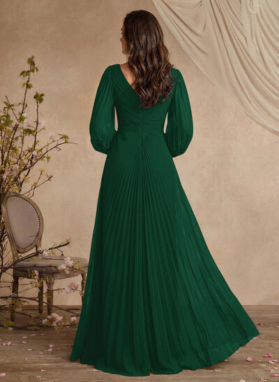 V-Neck Long Sleeves Pleated Mother Of The Bride Dresses With Beading