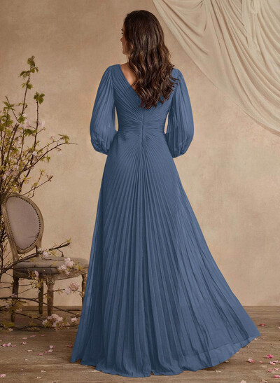 V-Neck Long Sleeves Pleated Mother Of The Bride Dresses With Beading