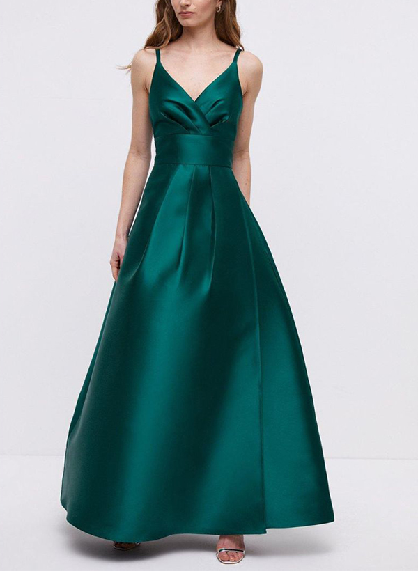 A-Line V-Neck Sleeveless Satin Mother Of The Bride Dresses With Pockets