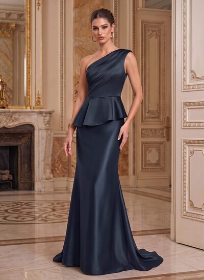 One-Shoulder Sleeveless Sweep Train Satin Mother Of The Bride Dresses