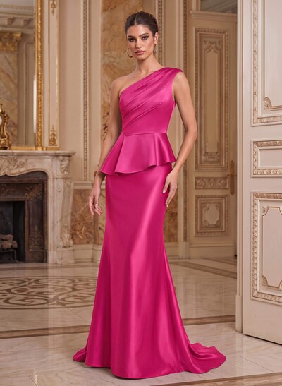 One-Shoulder Sleeveless Sweep Train Satin Mother Of The Bride Dresses