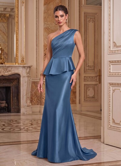 One-Shoulder Sleeveless Sweep Train Satin Mother Of The Bride Dresses