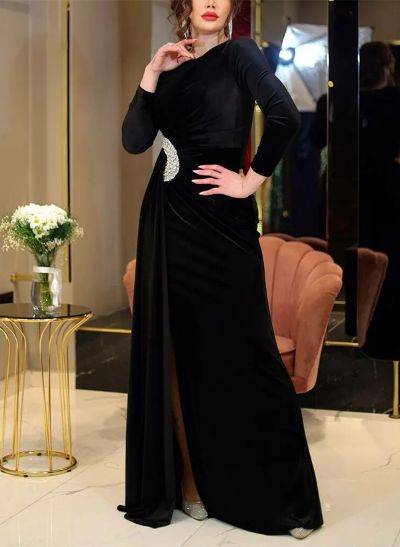 Sheath/Column Scoop Neck Long Sleeves Velvet Mother Of The Bride Dresses With Split Front