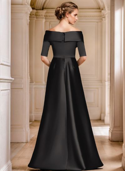 Off-The-Shoulder 1/2 Sleeves Floor-Length Satin Evening Dresses