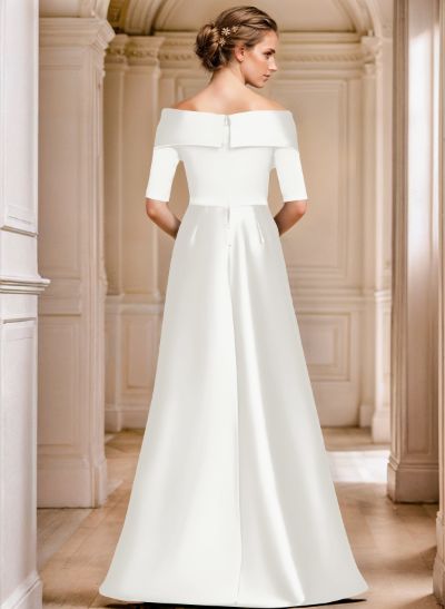 Elegant A-Line Off-The-Shoulder Satin Evening Dresses With 1/2 Sleeves