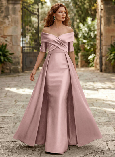 Elegant Off-The-Shoulder Satin Mother Of The Bride Dresses With 1/2 Sleeves