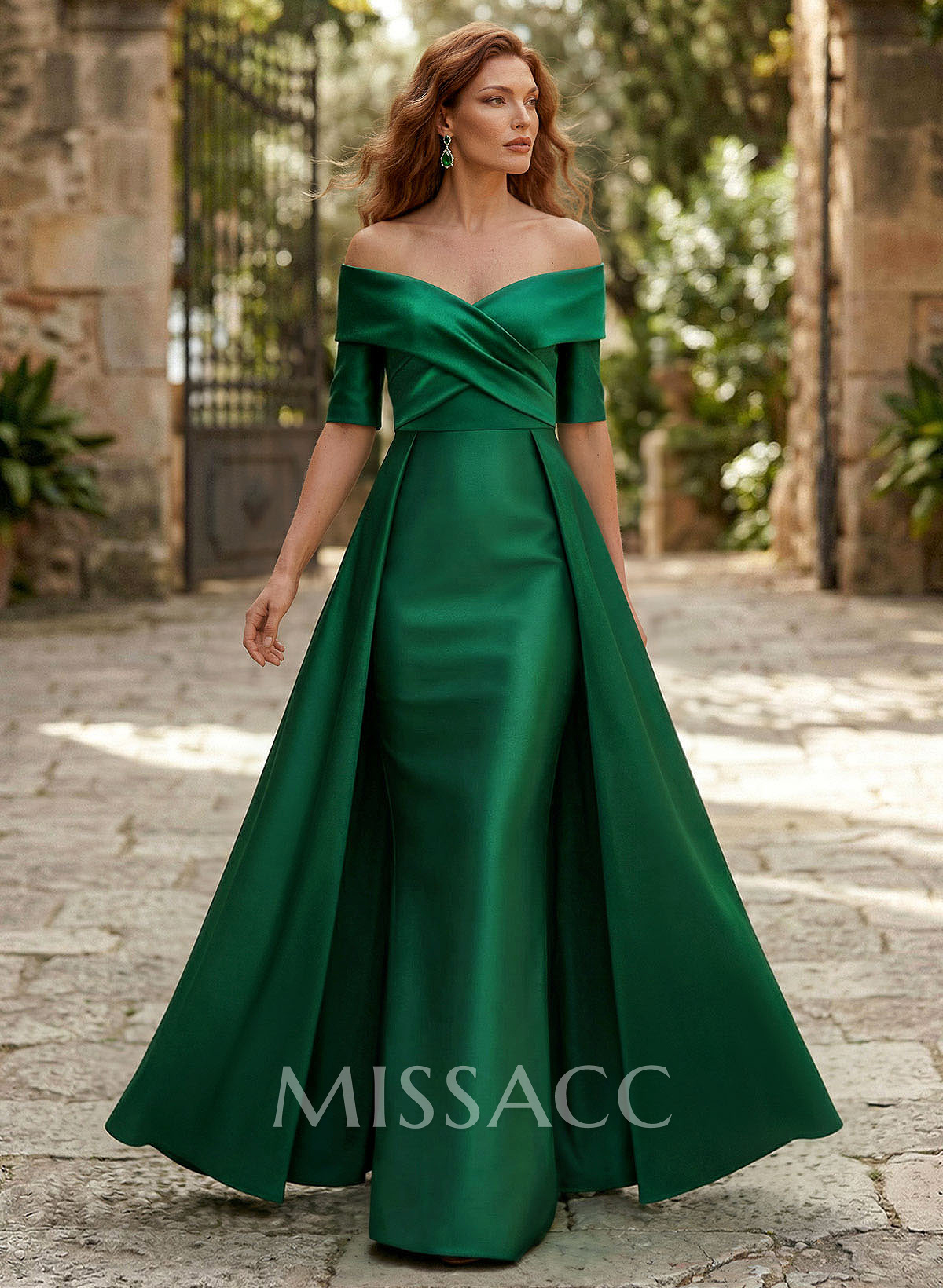 Elegant Off-The-Shoulder Satin Mother Of The Bride Dresses With 1/2 Sleeves Elegant Off-The-Shoulder Satin Mother Of The Bride Dresses With 1/2 Sleeves
