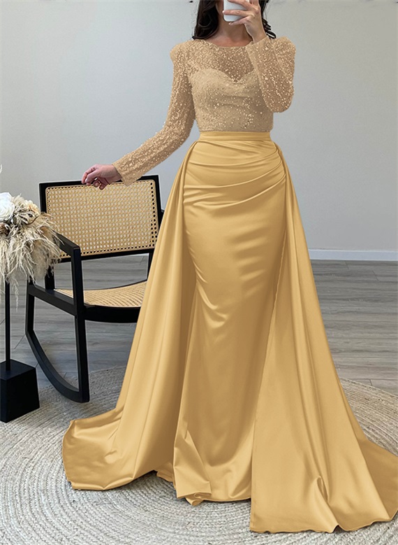 Sparkly Sequined Long Sleeves Satin Prom Dresses Missacc - Main Image