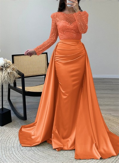 Sparkly Sequined Long Sleeves Satin Prom Dresses